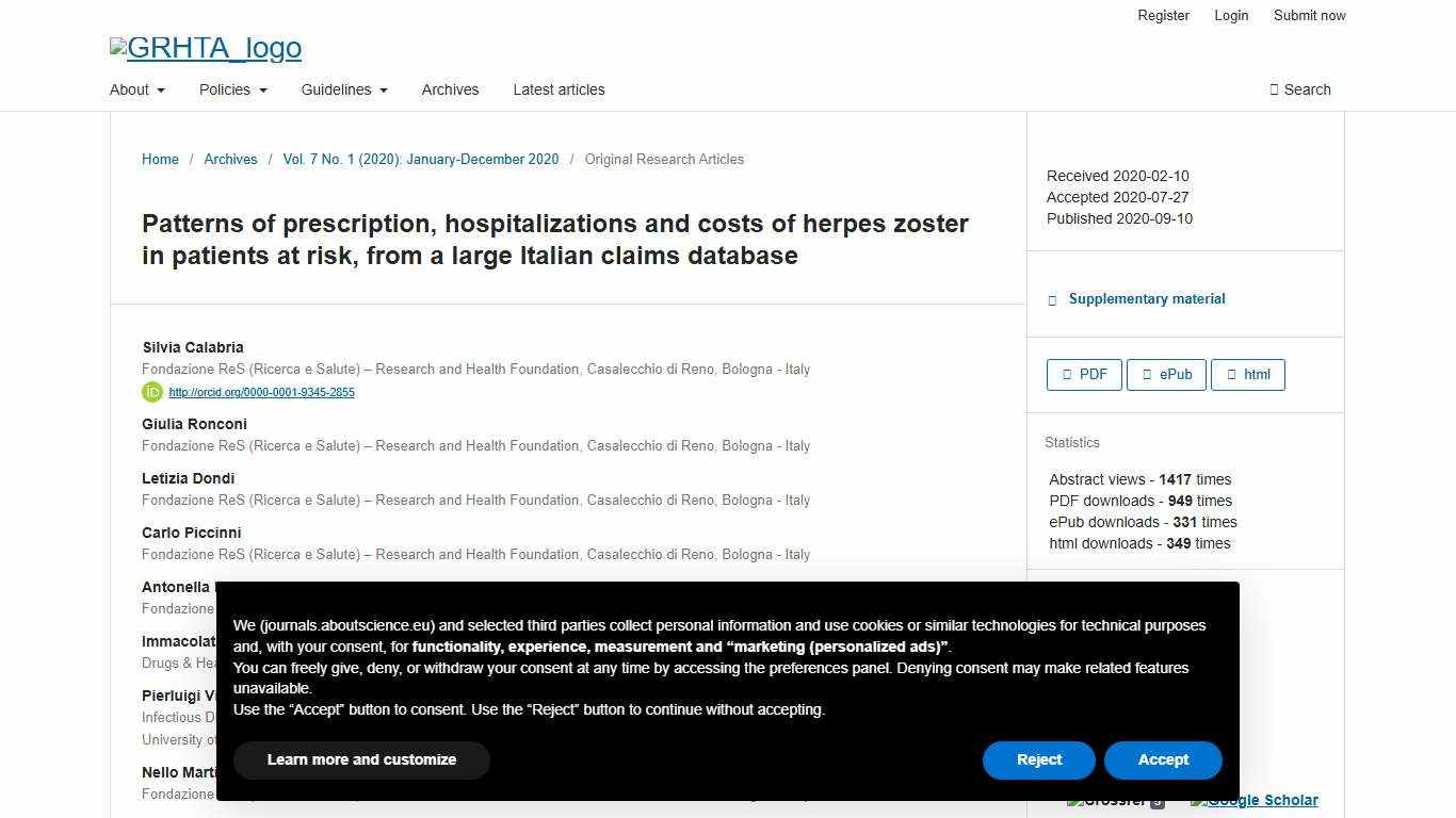 Patterns of prescription, hospitalizations and costs of herpes zoster in patients at risk, from a large Italian claims database Global and Regional Health Technology Assessment